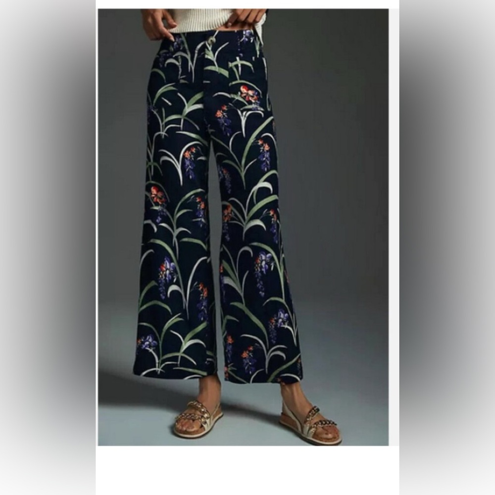 Anthropologie Maeve NWT The Colette Cropped Wide-Leg Pants Blue Floral 31 tall